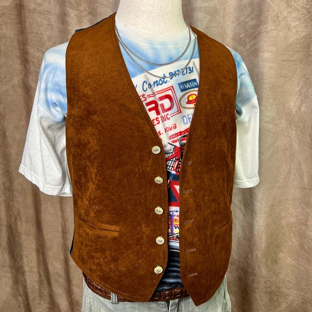 Vintage 70s Vest Brown Faux Suede Satin Blue Sleeveless Western Retro Disco